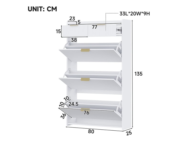  Meuble à chaussures 80 x 25 x 135 cm – 3 abattants modulables et 2 tiroirs – mdf - blanc  - Conforama C