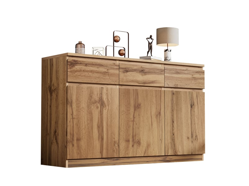  Buffet 3 portes et 3 tiroirs en bois naturel, avec rangements et étagères réglables, 135 x 40 x 81 cm  - Conforama A