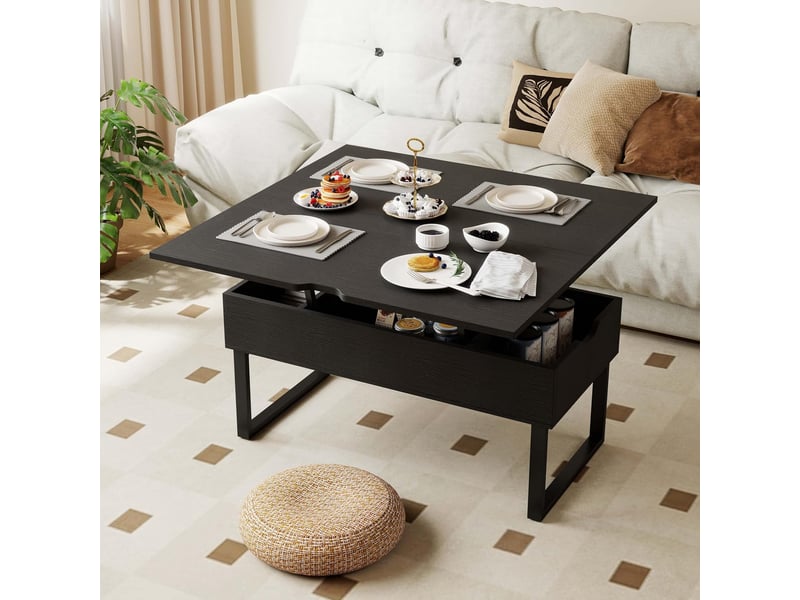 Table basse relevable 3 en 1, table d'appoint extensible avec compartiments de rangement cachés, pieds métalliques, meuble d'appoint (noir) - Conforama B