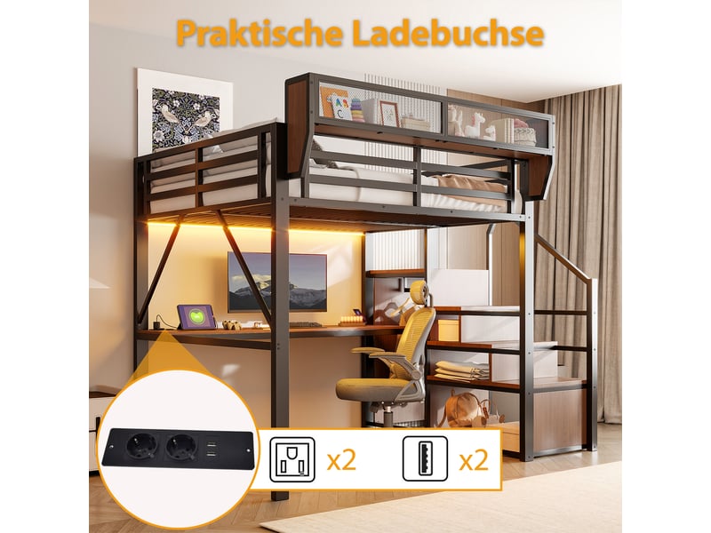  Lit mezzanine 140x200 cm avec bureau 2 m - rangement flexible - échelle de sécurité - led et prises - noir  - Conforama E
