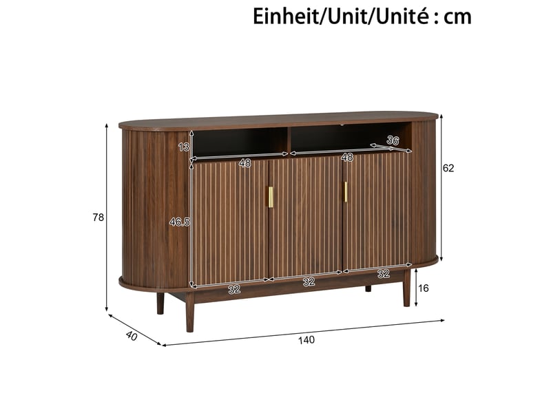 Buffet 140x40x78 cm, avec 3 portes, poignées métal, étagères ouvertes, mdf et panneau de particules, noyer, rangement - Conforama C