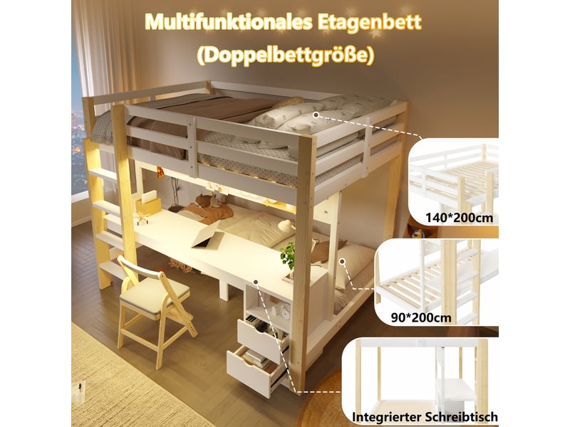  Lit superposé 90x200 cm, lit enfant, tiroirs, bureau, métal naturel et blanc, led  - Conforama W
