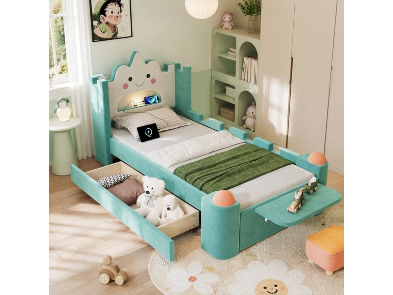  Lit enfant simple 90×200 cm avec tiroir, lampe led, usb et tablette rabattable - okmyhome- bleu-vert, sans matelas  - Conforama C