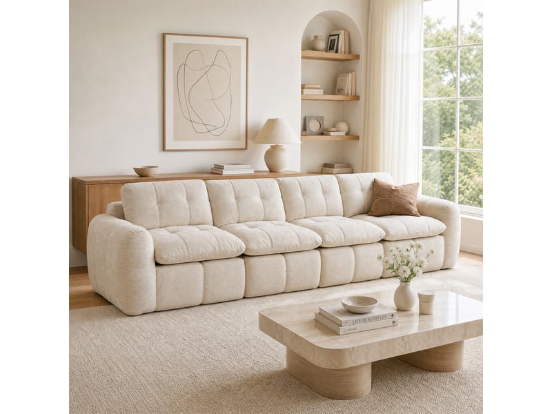  Canapé 4 places, revêtement en tissu chenille, sans assemblage, beige  - Conforama B