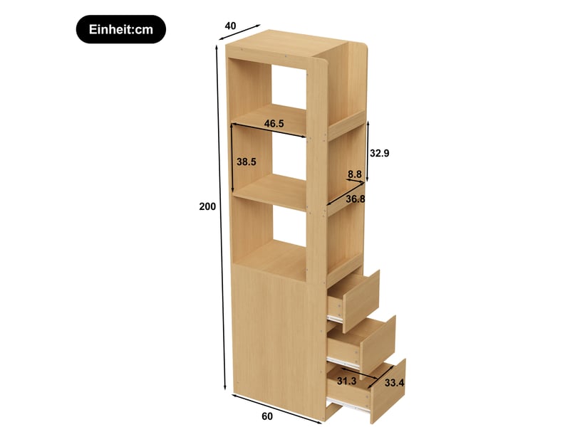 Bibliothèque 60x40x200 cm avec 3 niches et 3 tiroirs réversibles, pour salon et chambre, panneaux de particules, chêne - Conforama C