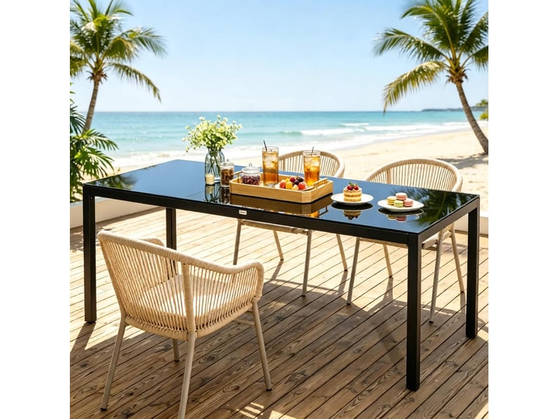  Table de jardin 180x80x72 cm en aluminium et verre trempé noir, jusqu'à 8 personnes  - Conforama C