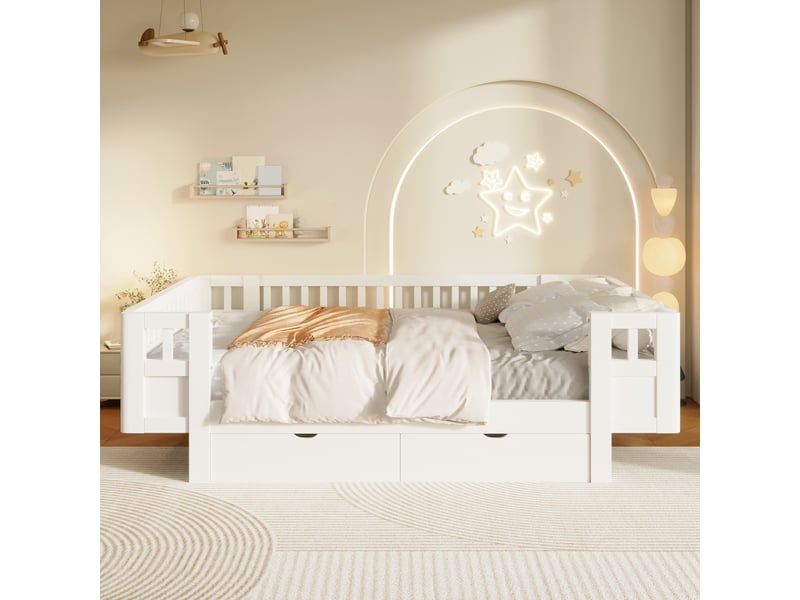Lit enfant 140 x 200 cm, cadre de lit avec rangement, 2 tiroirs, barrières de sécurité, 2 places, structure multifonction, bois massif, blanc Morn Vibe - Conforama D