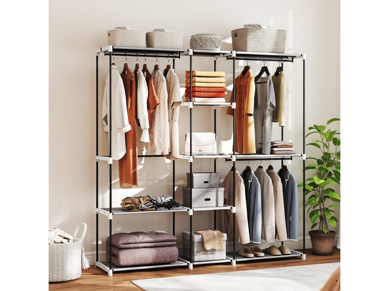  Armoire 182 x 43 x 185 cm, armoire ouverte avec 8 étagères en tissu, tringles à vêtements, structure en métal gris clair  - Conforama C