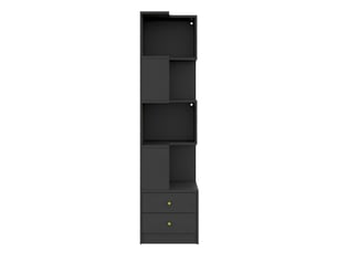 Étagère d’angle en l noire 45 × 43,5 × 180 cm en mdf, éclairage led piloté par application, 4 niveaux et 2 tiroirs