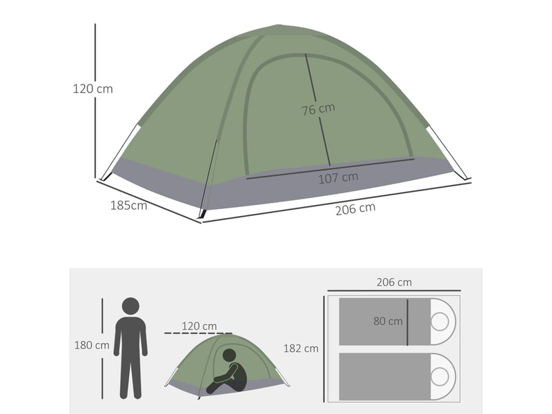  Tente dôme pour 2 personnes, légère, stable et imperméable, avec porte et fenêtre, sac de rangement et crochets, vert foncé.  - Conforama E