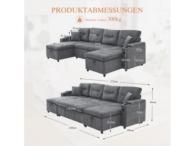 Canapé convertible 4 places à double méridienne avec rangements, gris anthracite - Conforama E