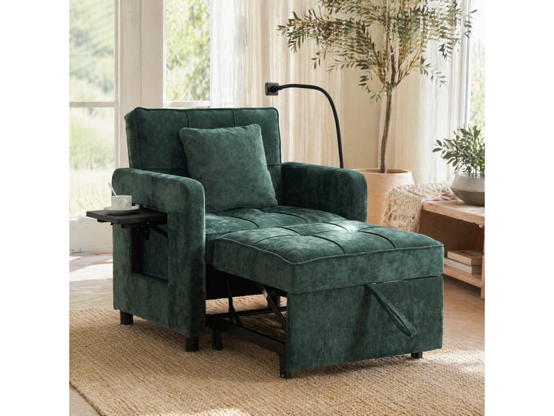  Fauteuil convertible 2 en 1 avec dossier réglable, rangements, tablette et support téléphone en chenille verte  - Conforama B