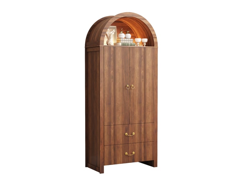 Buffet 76x38x180 cm, niche ouverte en arc, led, 2 portes et 2 tiroirs, mdf et panneau de particules, coloris noyer - Conforama A