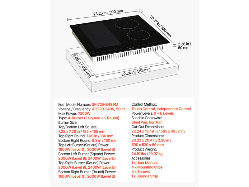  Vevor plaque à induction encastrable 4 foyers 59 cm - 7200 w, 9 niveaux, écran tactile led, surface vitroceramique, sécurité enfants SK-72IHB4S9M - Conforama C
