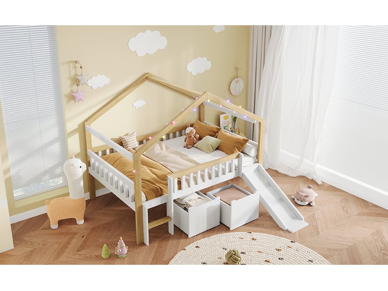 Lit cabane mi-hauteur enfant 120 x 200 cm blanc et naturel, toboggan et échelle réversibles, deux tiroirs et guirlande - Conforama B