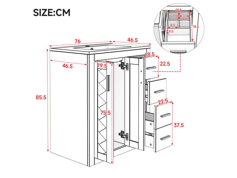  Meuble vasque 76 x 46,5 x 85,5 cm – noir – rangement double avec vasque intégrée – style moderne  - Conforama C