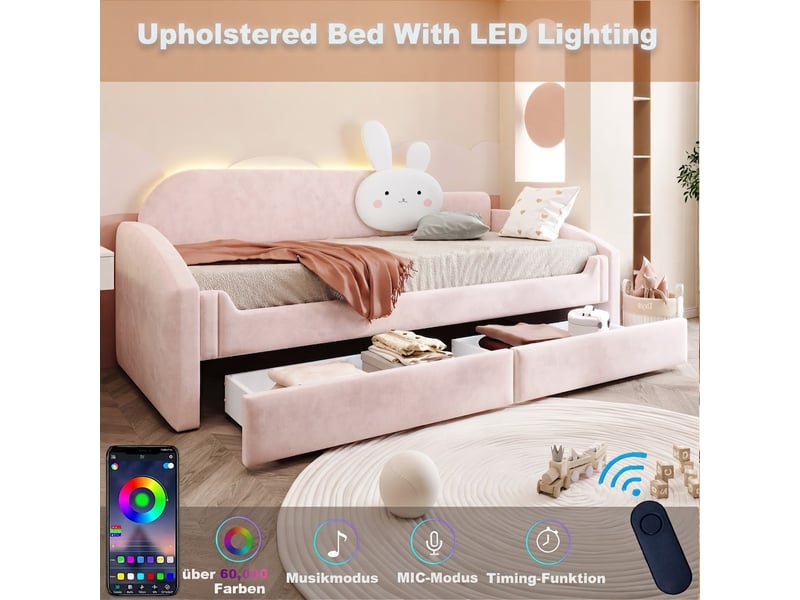  Lit jeune, 90x200 cm, éclairage led, rangement intégré, rose cao-LDU00591AAH-conf-NEW - Conforama W