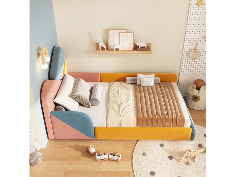  Lit enfant, 90x200 cm, espace nuit, avec côtés surélevés design patchwork bas multicolore, matelas non inclus, bois  - Conforama B