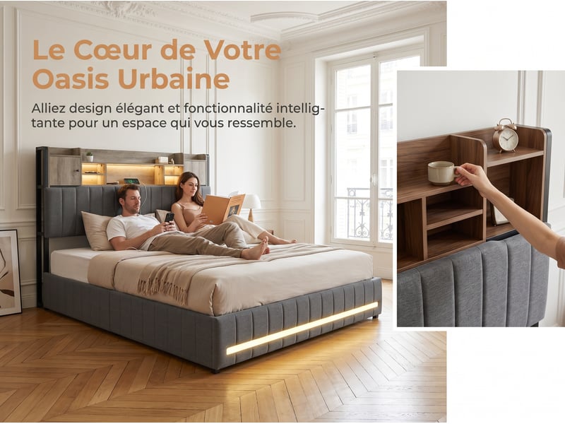  Lit 2 places 140 x 190 cm adulte avec rangement, 4 tiroirs, tête de lit avec niches et éclairage led, cadre rembourré gris  - Conforama E