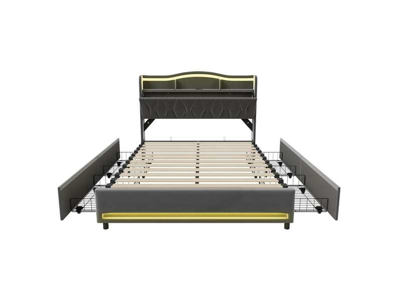Lit 160x200 cm en tissu polaire gris, tête de lit avec rangement, ports de recharge usb‑c, éclairage led rgb, 4 tiroirs de rangement, sommier à lattes inclus - Conforama R