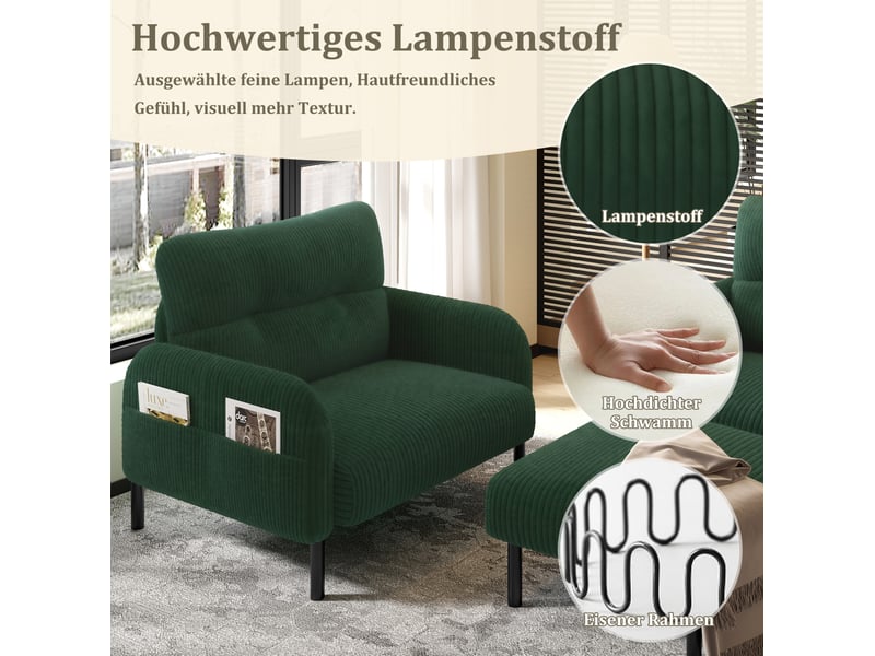  Ensemble de canapés 2 places avec fauteuil et repose-pieds, pochette latérale, dossier, pour le salon, velours, vert  - Conforama E