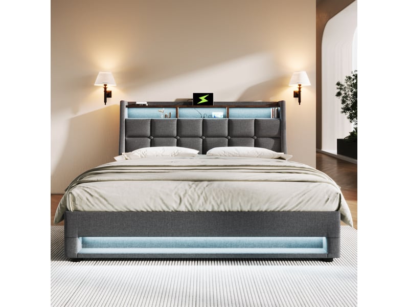  Lit coffre tcqpz 140 x 200 cm gris avec led, usb, rangement et sommier à lattes en métal  - Conforama E