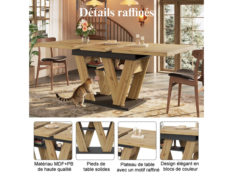  Table à manger extensible noir et naturel, rangement, confort, solide, robuste - mdf - 119-158.5x80cm - cuisine et salle à manger  - Conforama B