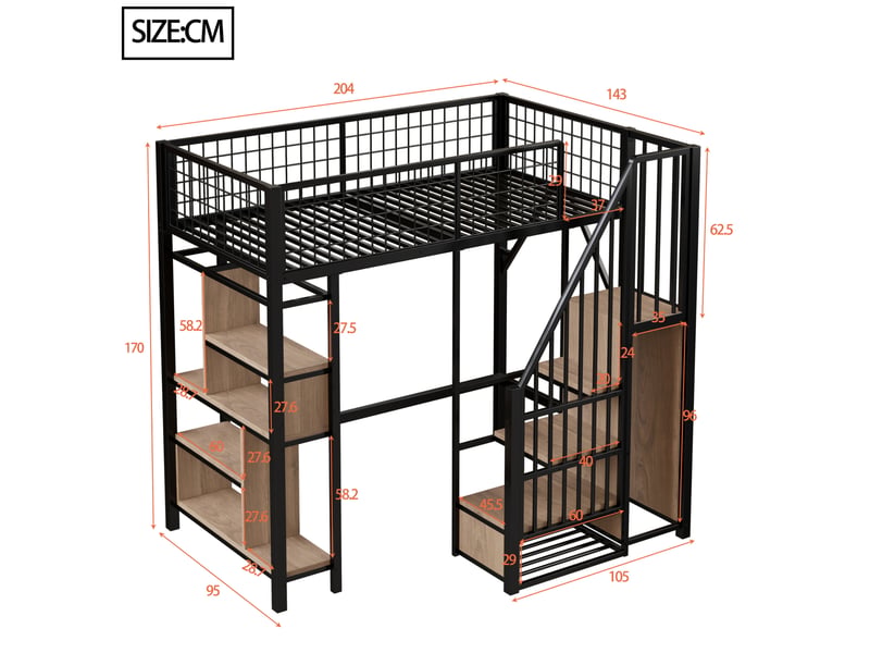 Lit mezzanine 90 x 200 cm en métal avec escalier de rangement et étagères noir - Conforama C
