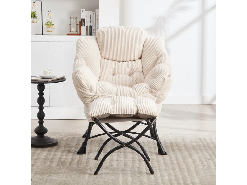  Fauteuil relax avec repose-pieds - 70x64x95cm - chaise lounge rembourrée avec poche latérale et pieds acier - blanc  - Conforama D