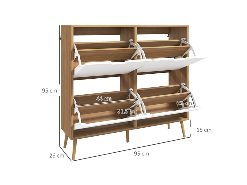  Meuble à chaussures 4 abattants 16 paires avec étagère réglable pieds en bois de pin 95 x 26 x 95 cm naturel  - Conforama D