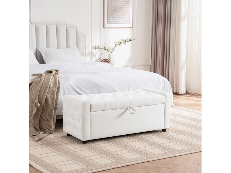  Banc de rangement tcqpz rectangulaire 122 x 45 x 47 cm en simili cuir pu blanc avec assise capitonnée  - Conforama E
