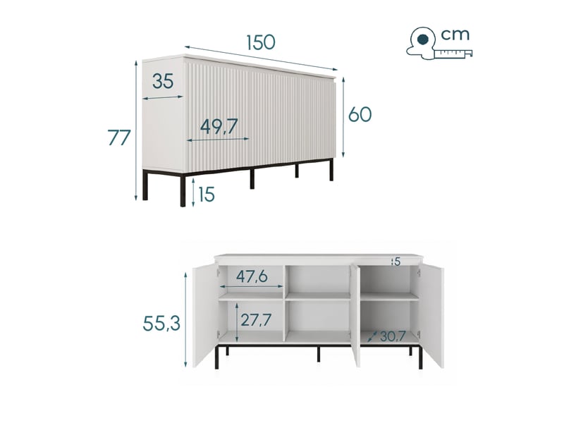  Buffet de salon bas 3 portes cannelé | meuble de rangement à rainures | console d'entrée | 150x35x77cm | modèle logan | couleur blanc Logan - Conforama R