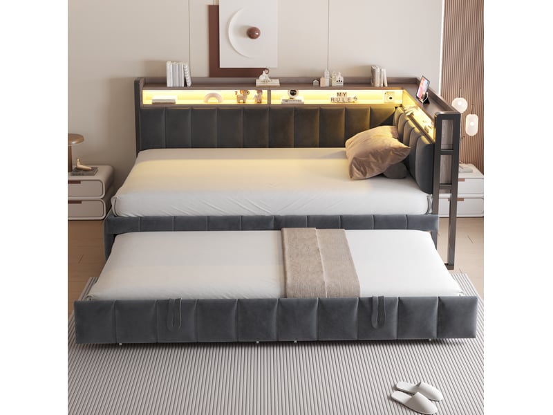  Lit gigogne 90 × 200 cm avec couchage coulissant, rangements, éclairage led et ports usb, en velours gris foncé  - Conforama D
