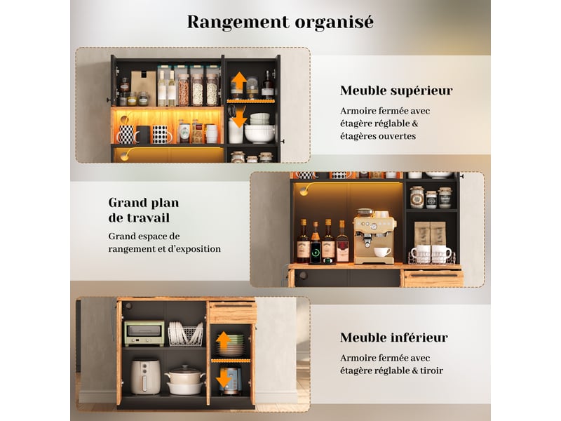  Meuble de cuisine muvano, armoire de cuisine avec 6 portes et 1 tiroir, éclairage led, 100 × 40 × 180 cm  - Conforama R