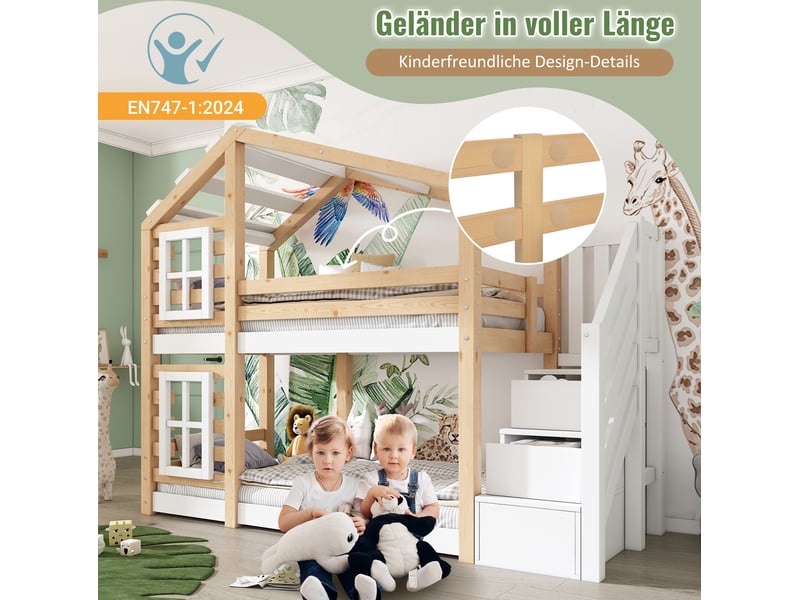 Lit superposé enfant 90x200 cm – naturel et blanc – escalier-rangement, 2 sommiers à lattes - sans matelas - Conforama E