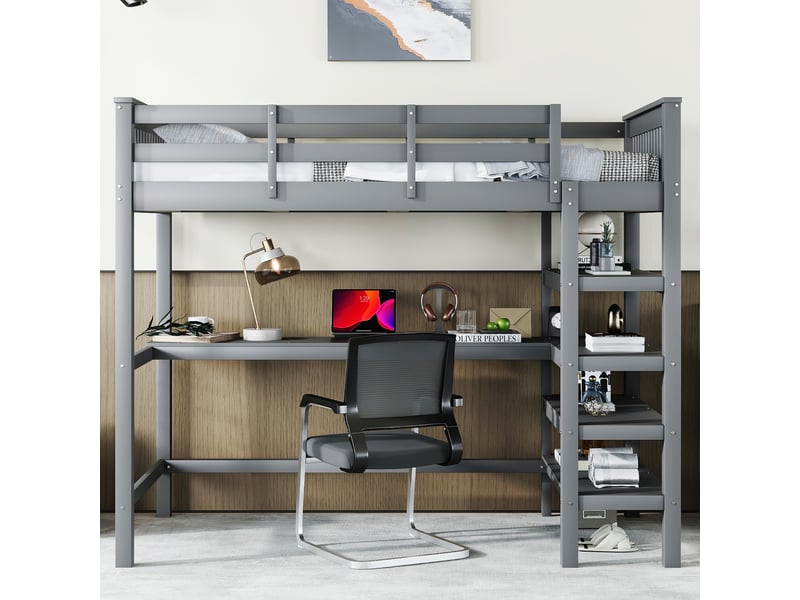 Lit mezzanine enfant avec bureau et étagères, lit mezzanine 90x200 gris en bois massif, lit mezzanine sans matelas, 207x99x169.5cm. - Conforama R