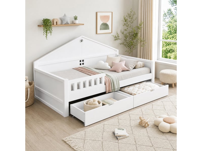  Lit simple 90x200 cm avec 2 tiroirs et éclairage led en bois blanc  - Conforama C