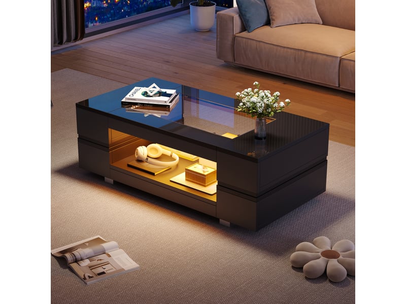  Table basse noire led 100x50x35 cm avec contrôle par application bluetooth, plateau en verre trempé et design creux pour salon  - Conforama C