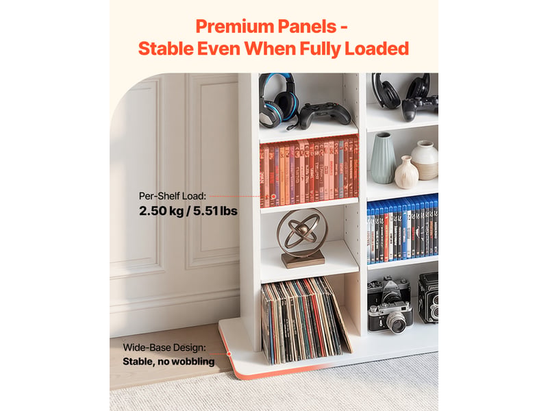Vevor bibliotheque etagere, meuble de rangement multimedia a 8 niveaux, 559x222x1295 mm, armoire biblio pour cd, dvd, livres, jeux, collections, etageres reglables pour bureau, chambre, salon, blanc - Conforama C