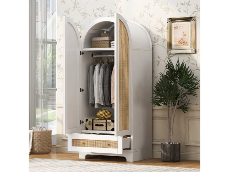  Armoire 70×55×170 cm – portes doubles, tiroirs et étagères, rotin artificiel blanc  - Conforama D