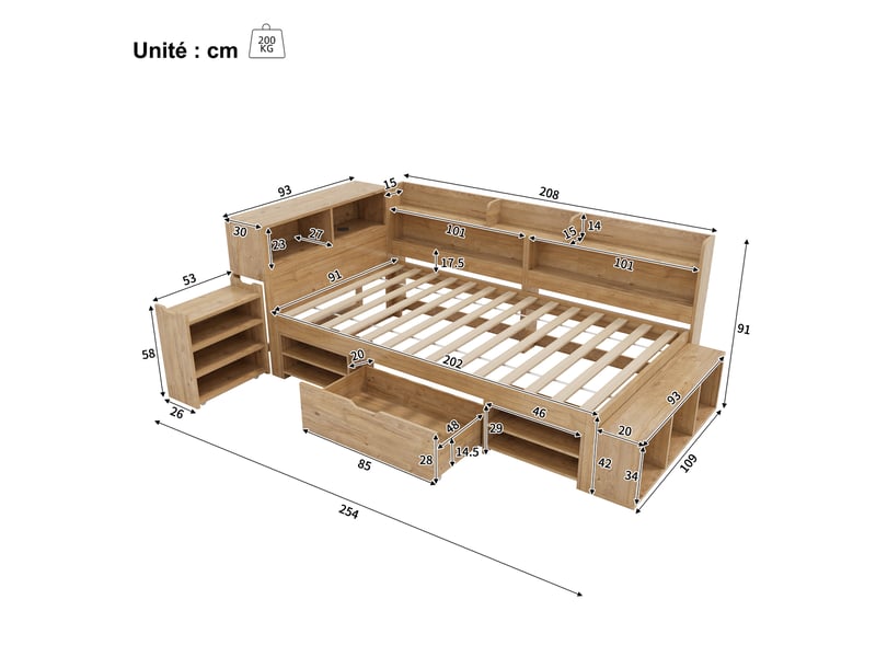  Lit enfant 90x200 cm - lit en bois naturel avec rangement, tiroirs et table de chevet - sans matelas  - Conforama C