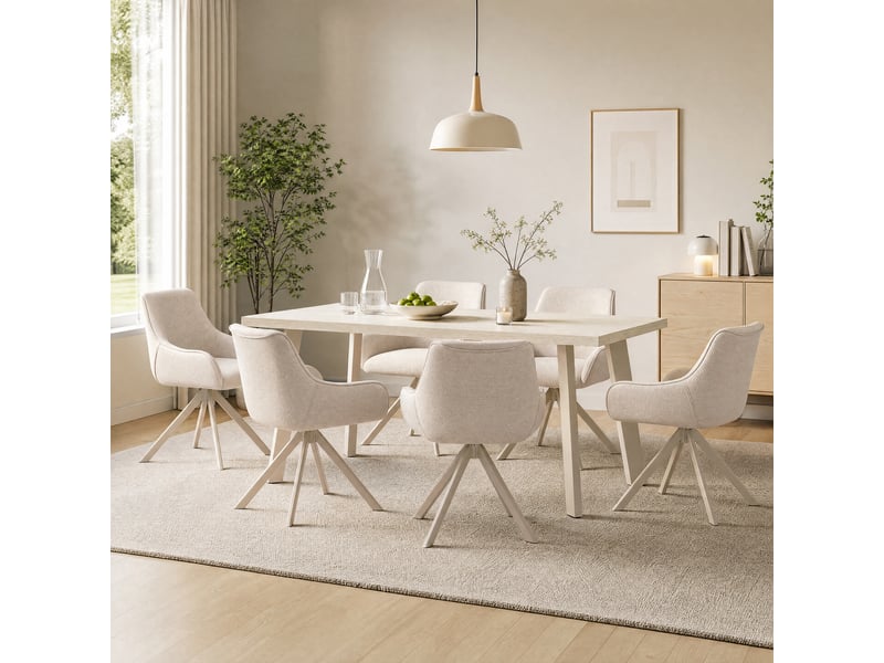 Ensemble table et 6 chaises - table rectangulaire 160x80 cm monobloc en travertin et pieds métal, 6 chaises en tissu beige et pieds en métal blanc - Conforama B