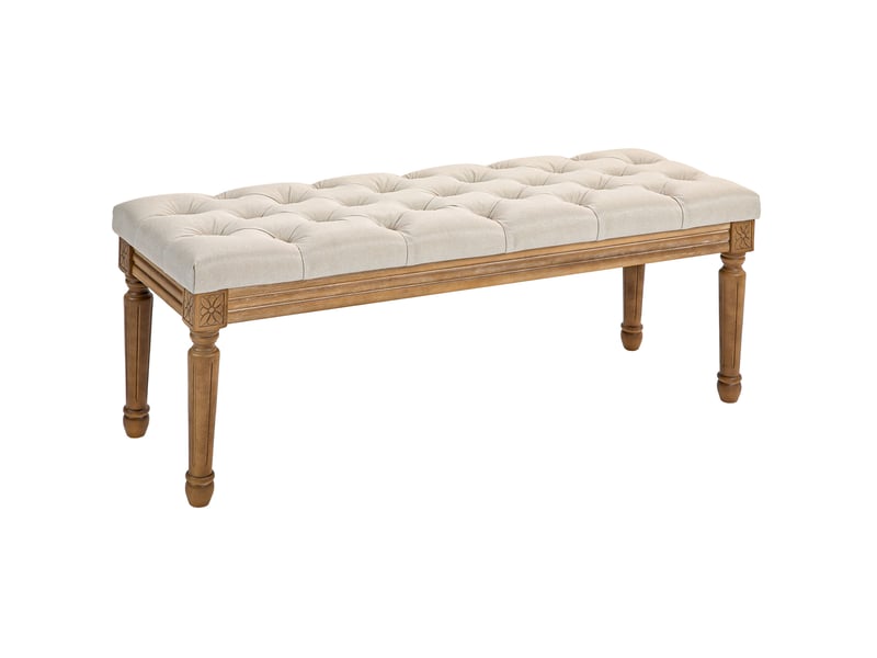  Bout de lit rembourré avec assise capitonnée et pieds en bois sculptés, en polyester crème, 120 × 41 × 48 cm  - Conforama A