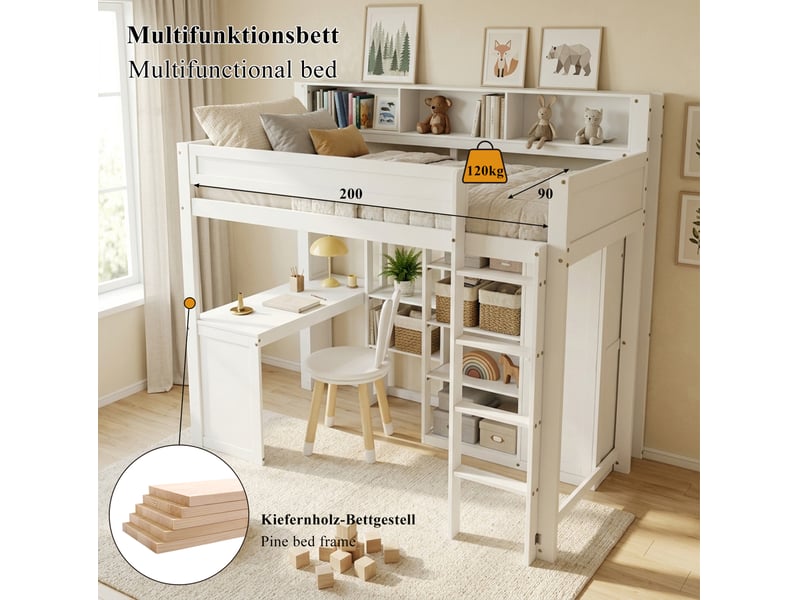  Lit mezzanine enfant 90 × 200 cm 1 place avec bureau, armoire et étagères, sans matelas, en bois, blanc  - Conforama E