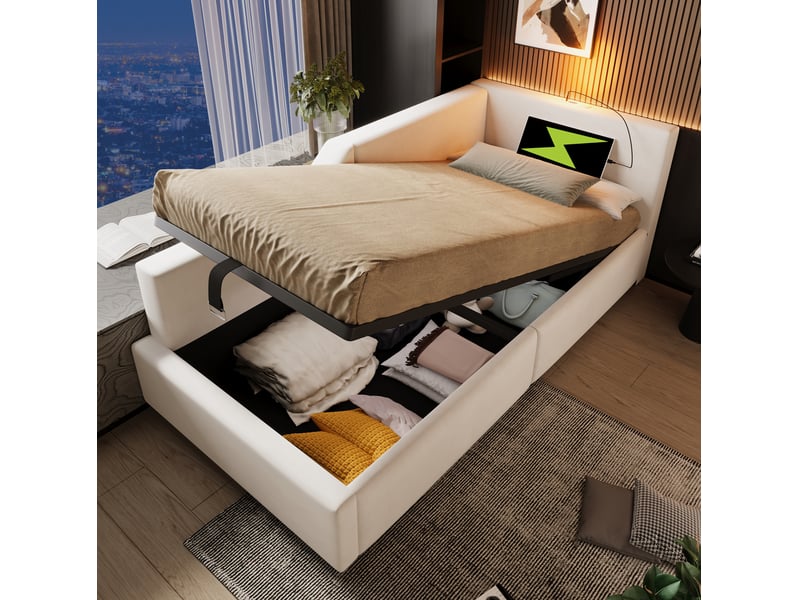  Modenvie lit banquette 90x200 cm - rangement hydraulique, ports usb-c, sommier inclus - beige  - Conforama B