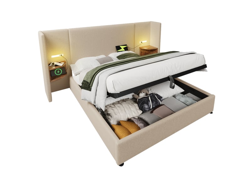 Lit double 160x200 cm avec coffre de rangement, tête de lit étagère, liseuse led et ports usbtype-c, tissu lin beige - Conforama W