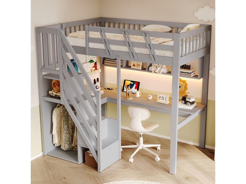 Lit mezzanine enfant 90x200 cm - avec escalier rangement, bureau intégré, prise usb et led, bois massif gris evarich - Conforama E