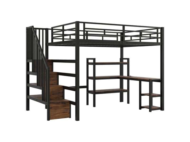  Lit mezzanine 140x200 avec escalier, bureau intégré et rangements, noir  - Conforama A