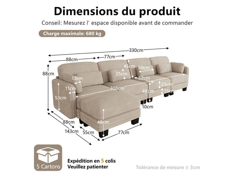  Canapé d’angle modulaire 4 places 330x143x88 cm, coussins lombaires et accoudoir, avec 1 pouf, tissu en chenille, café clair  - Conforama C