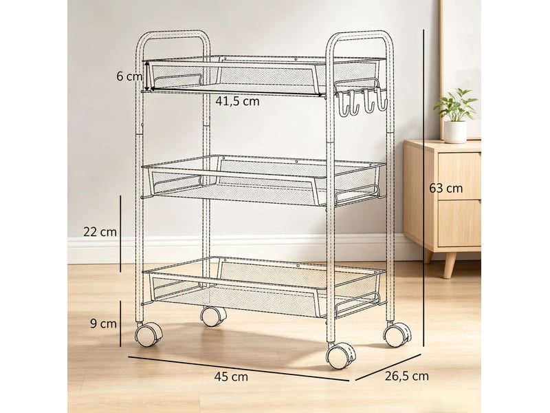  Desserte de rangement 3 niveaux en acier noir avec paniers grillagés, crochets et roulettes verrouillables  - Conforama C
